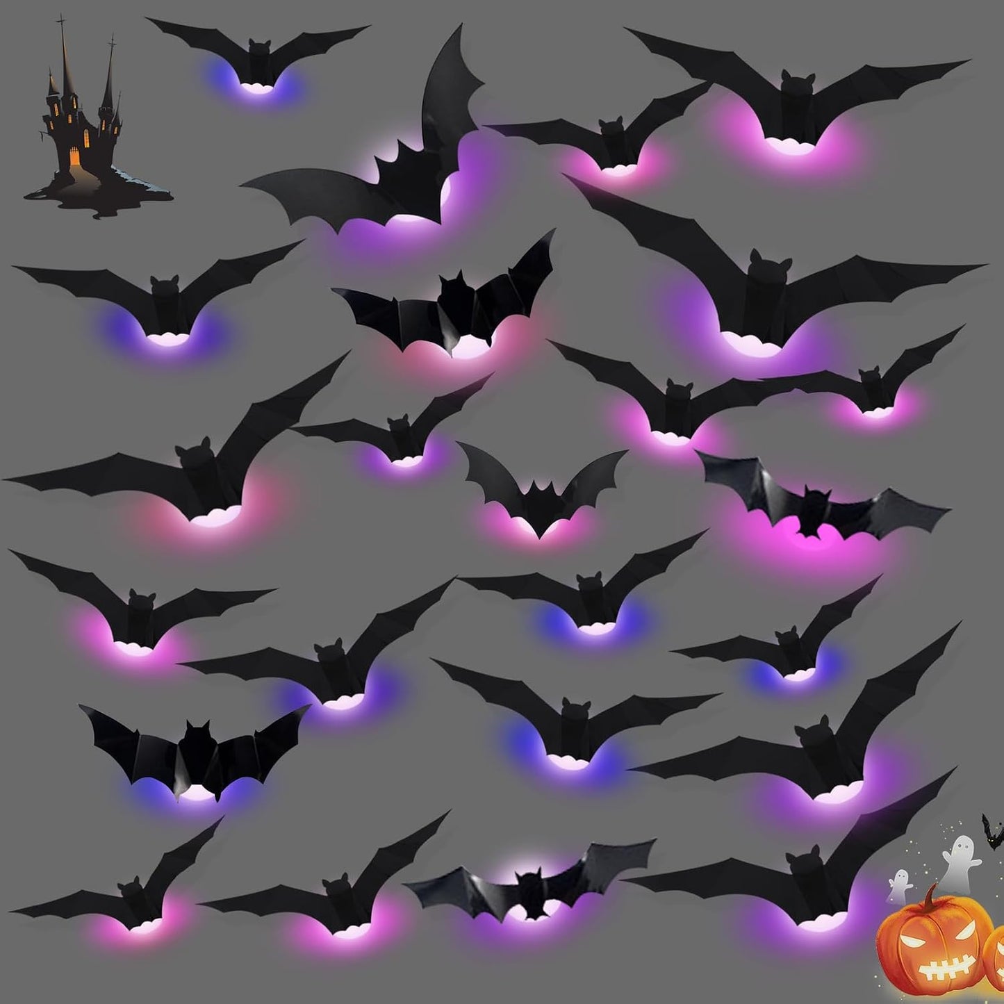 LED Bats Stickers, 3D Bats Wall Sticker Light Halloween Decoration LED Bats Light Wall Decor Halloween 3D Bat Wall Stickers Realistic Bat Attack Sticker for Home Window (12pcs)