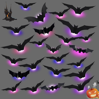 LED Bats Stickers, 3D Bats Wall Sticker Light Halloween Decoration LED Bats Light Wall Decor Halloween 3D Bat Wall Stickers Realistic Bat Attack Sticker for Home Window (12pcs)