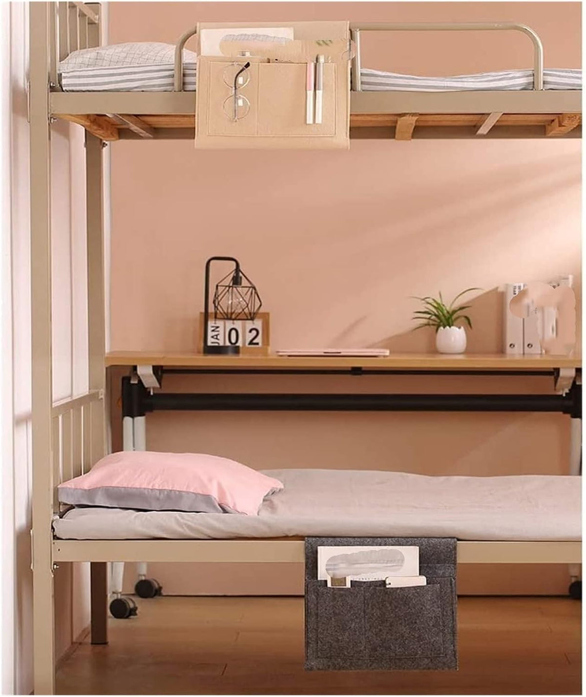 MBELLO Bed Organiser, Bedside Storage PocketDormitory Upper Bunk Bedside Mobile Phone Rack Dorm Bed Rack Bedside Storage Hanging Basket(Color:Grey) Color : Grey (Color : Beige)