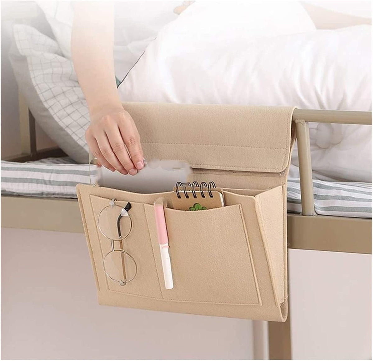 MBELLO Bed Organiser, Bedside Storage PocketDormitory Upper Bunk Bedside Mobile Phone Rack Dorm Bed Rack Bedside Storage Hanging Basket(Color:Grey) Color : Grey (Color : Beige)