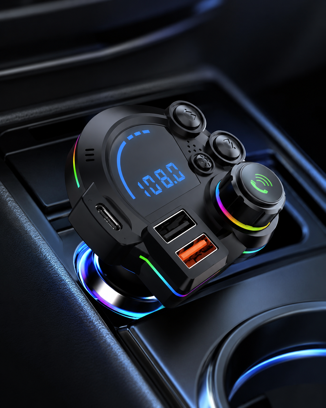 Bluetooth 5.3 Car FM Transmitter with Fast Charging & Hands-Free Calling