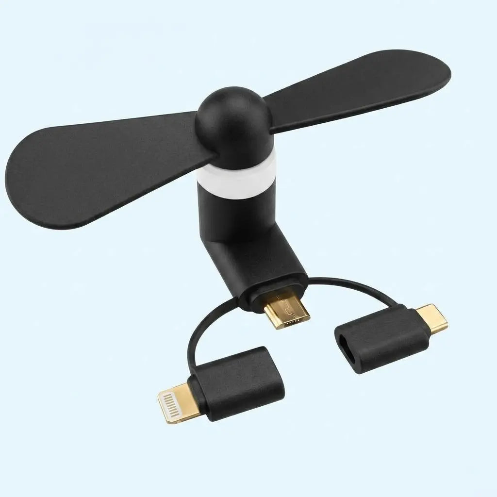 3 in 1 Mini Plug In Phone Fan for Lightning Type C and Micro USB
