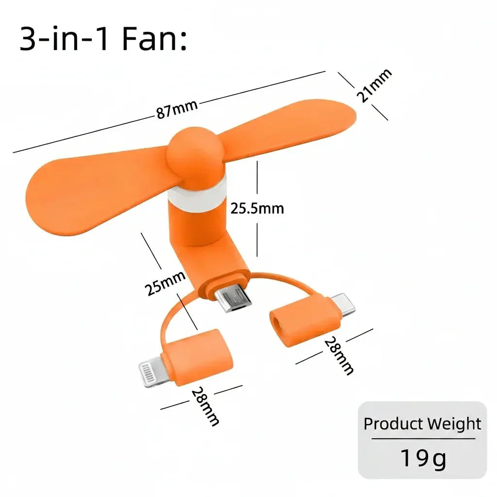 3 in 1 Mini Plug In Phone Fan for Lightning Type C and Micro USB