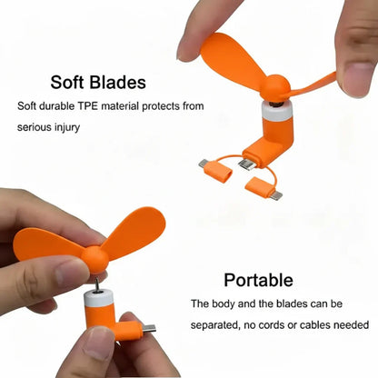 3 in 1 Mini Plug In Phone Fan for Lightning Type C and Micro USB