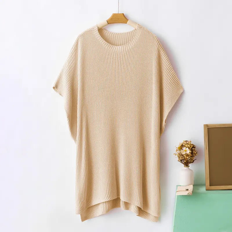 Shewin Women's Oversized Cotton Knit Sweater - Chic Soft New Year Knitwear, Casual Solid Pullover Top with Puff Short Sleeves, Round Neck, Side Slit for Work, Back-to-School,sohochic