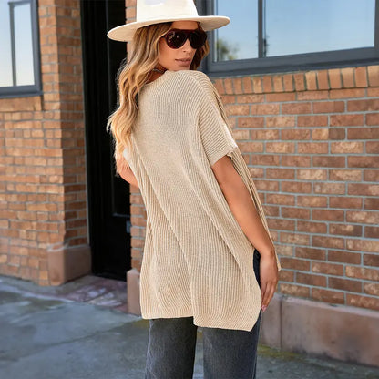 Shewin Women's Oversized Cotton Knit Sweater - Chic Soft New Year Knitwear, Casual Solid Pullover Top with Puff Short Sleeves, Round Neck, Side Slit for Work, Back-to-School,sohochic