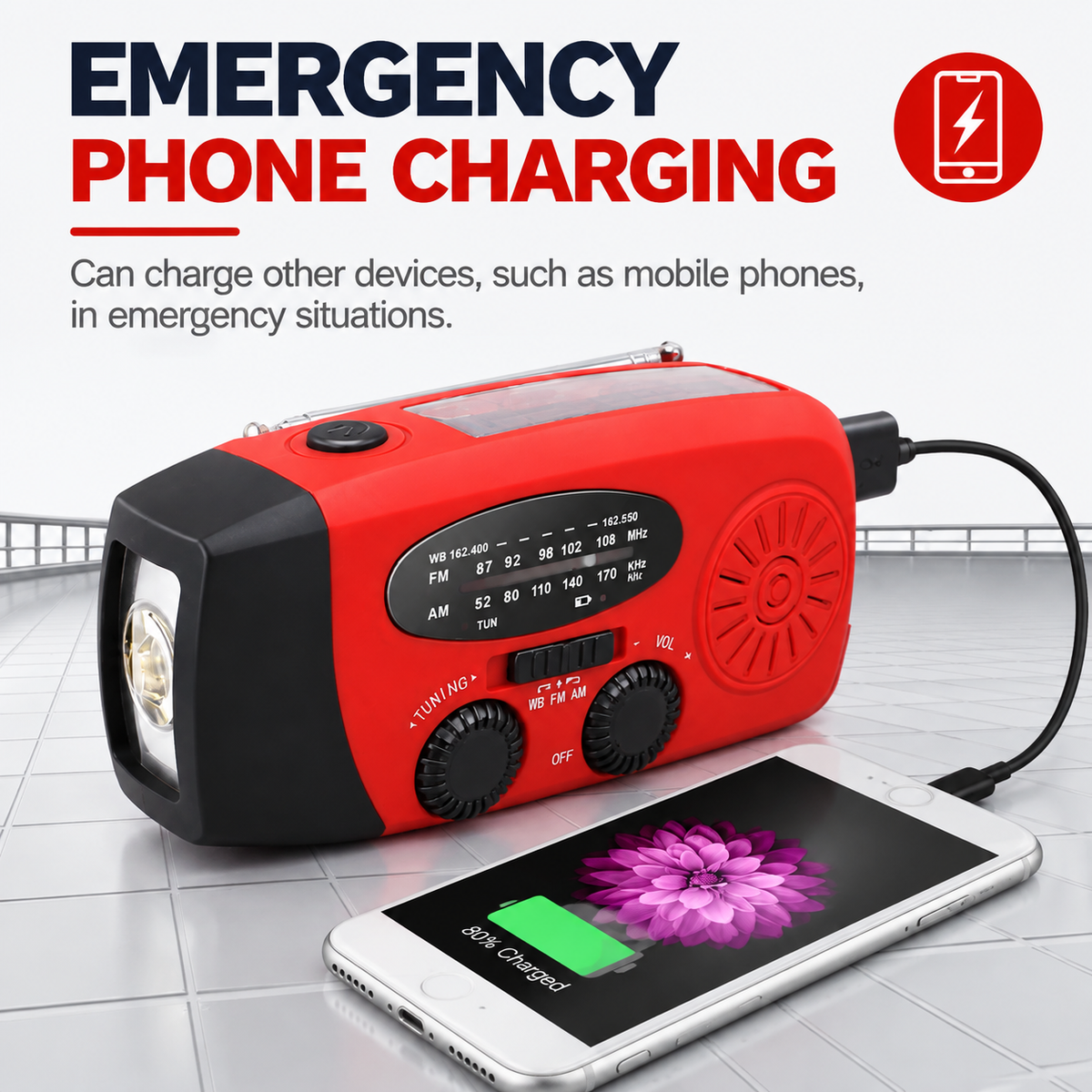 🔋 Multifunctional Solar Emergency Radio – Hand Crank, Power Bank & Weather Alerts
