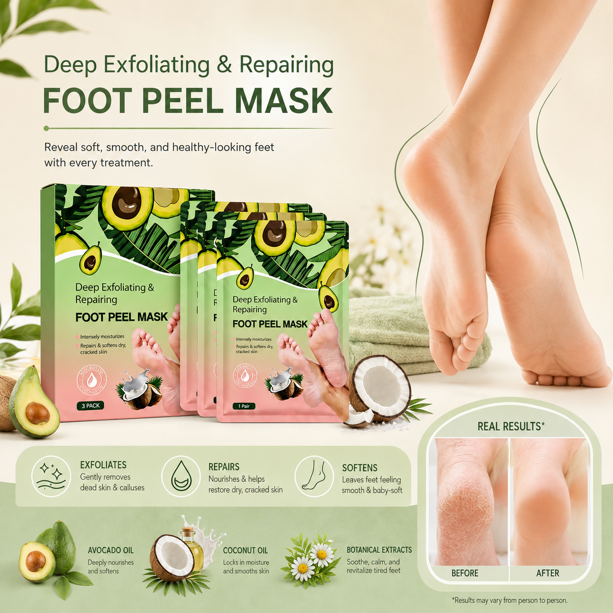 3 Pack Exfoliating Foot Peel Mask for Smooth Feet