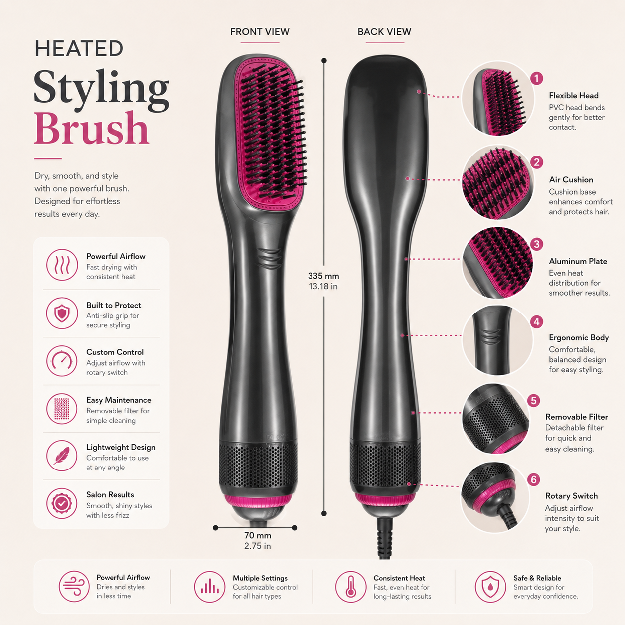 One-Step Hair Dryer and Styling Brush for Smooth Straight Hair