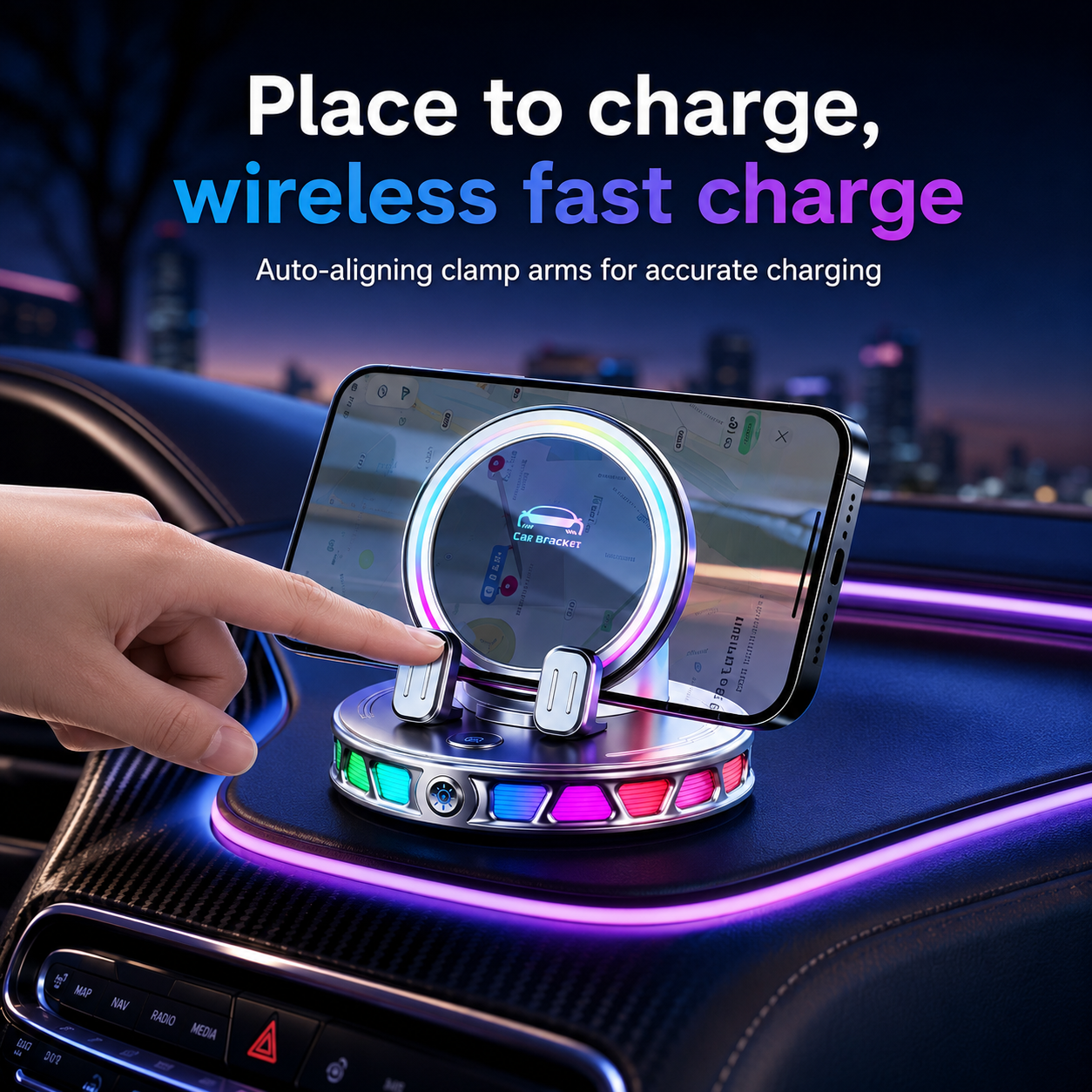 360° Rotating Wireless Charging Car Phone Mount with RGB Light