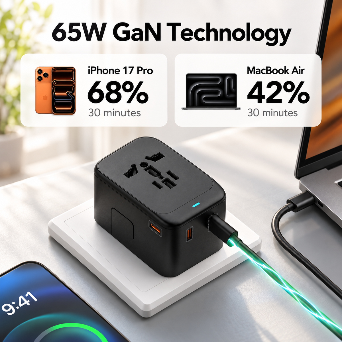 Global Travel Charger (65W, 4-Port, GaN, Integrated Plug)