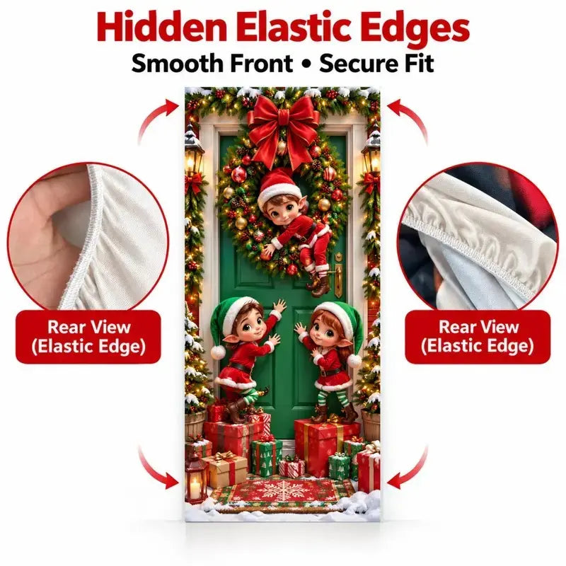 Christmas Door Cover - Stretch Fit Santa & Reindeer Door Decoration with 4-Side Elastic Edges🎅