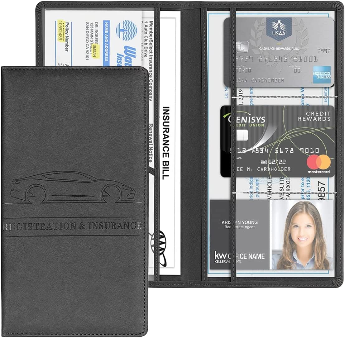 Car Registration and Insurance Card Holder, PU Glove Box Essential Documents Paperwork Driver License Organizer for Car, Wallet Case Auto Vehicle Truck Accessories for Women and Men（Grey）
