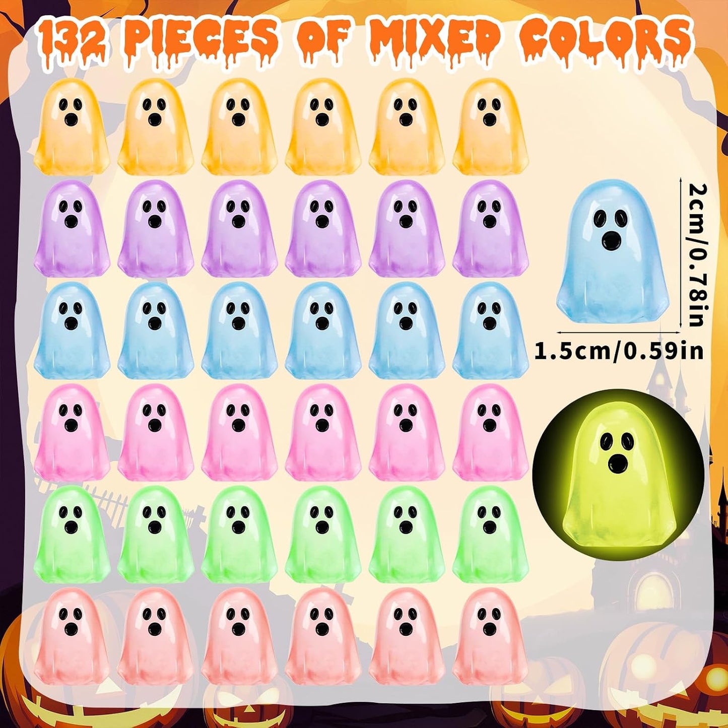 132pcs Halloween Luminous Mini Ghosts Figures 6 Colours Glow in The Dark Miniature Resin Ghost Figurines to Hide Bulk Tiny Small Statue for Halloween Party Favors Micro Garden Dollhouse Decorations
