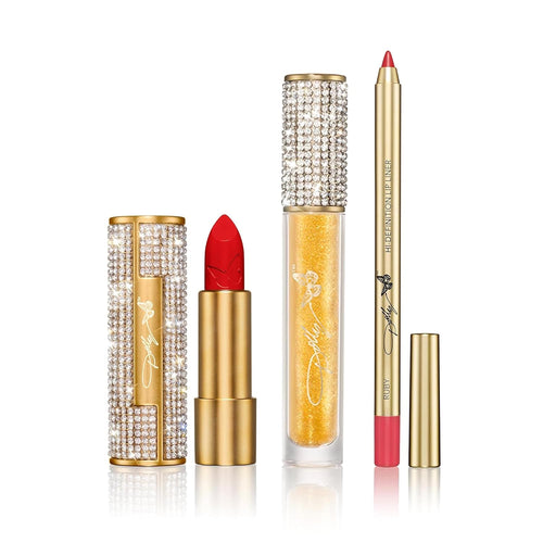 Dolly Beauty Jolene Red Lip Bundle - Heaven's Kiss Lipstick in Jolene Red, Hi-Gloss Lips Lip Gloss in Gold Dust, and Hi-Definition Lip Liner in Ruby - 3 Pack