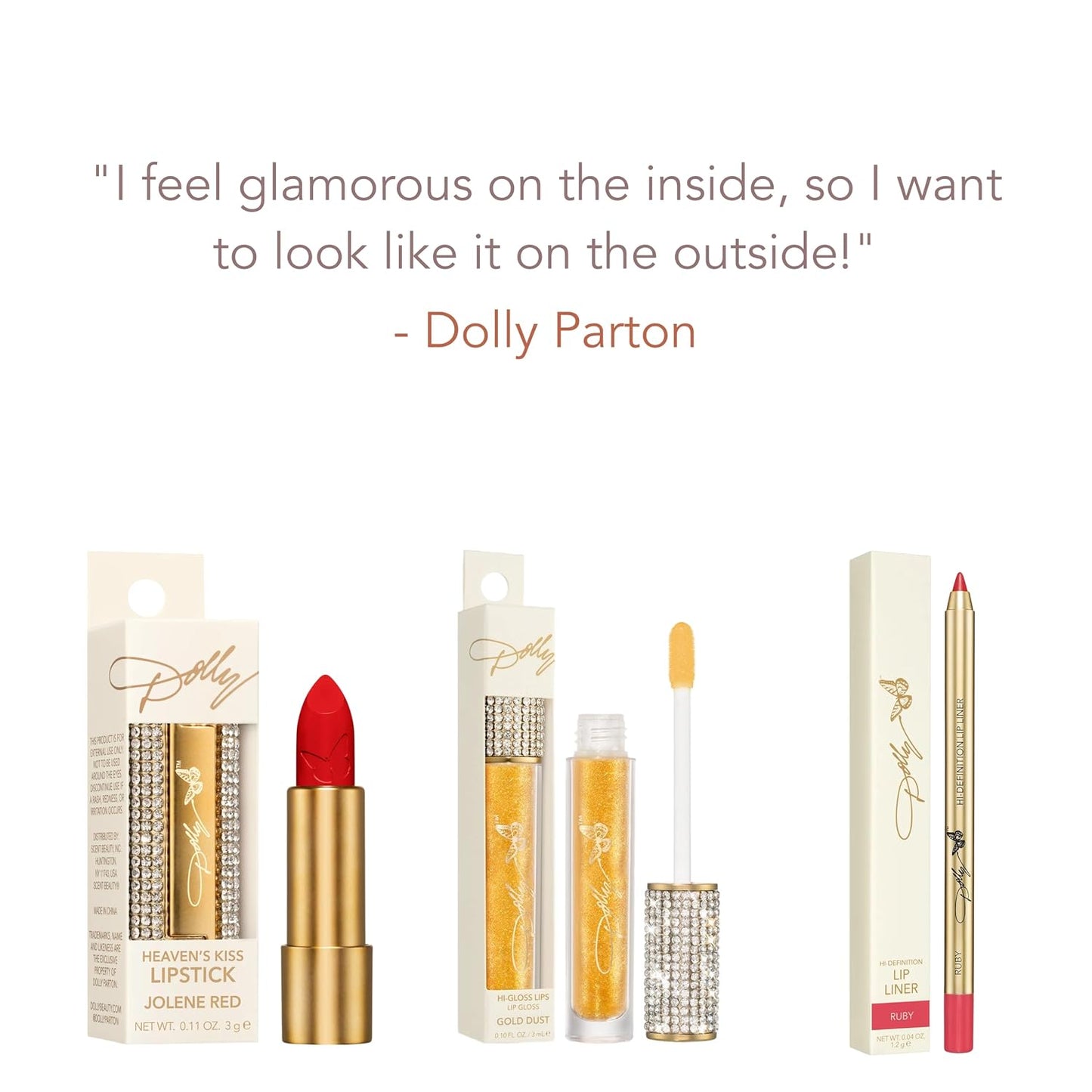 Dolly Beauty Jolene Red Lip Bundle - Heaven's Kiss Lipstick in Jolene Red, Hi-Gloss Lips Lip Gloss in Gold Dust, and Hi-Definition Lip Liner in Ruby - 3 Pack