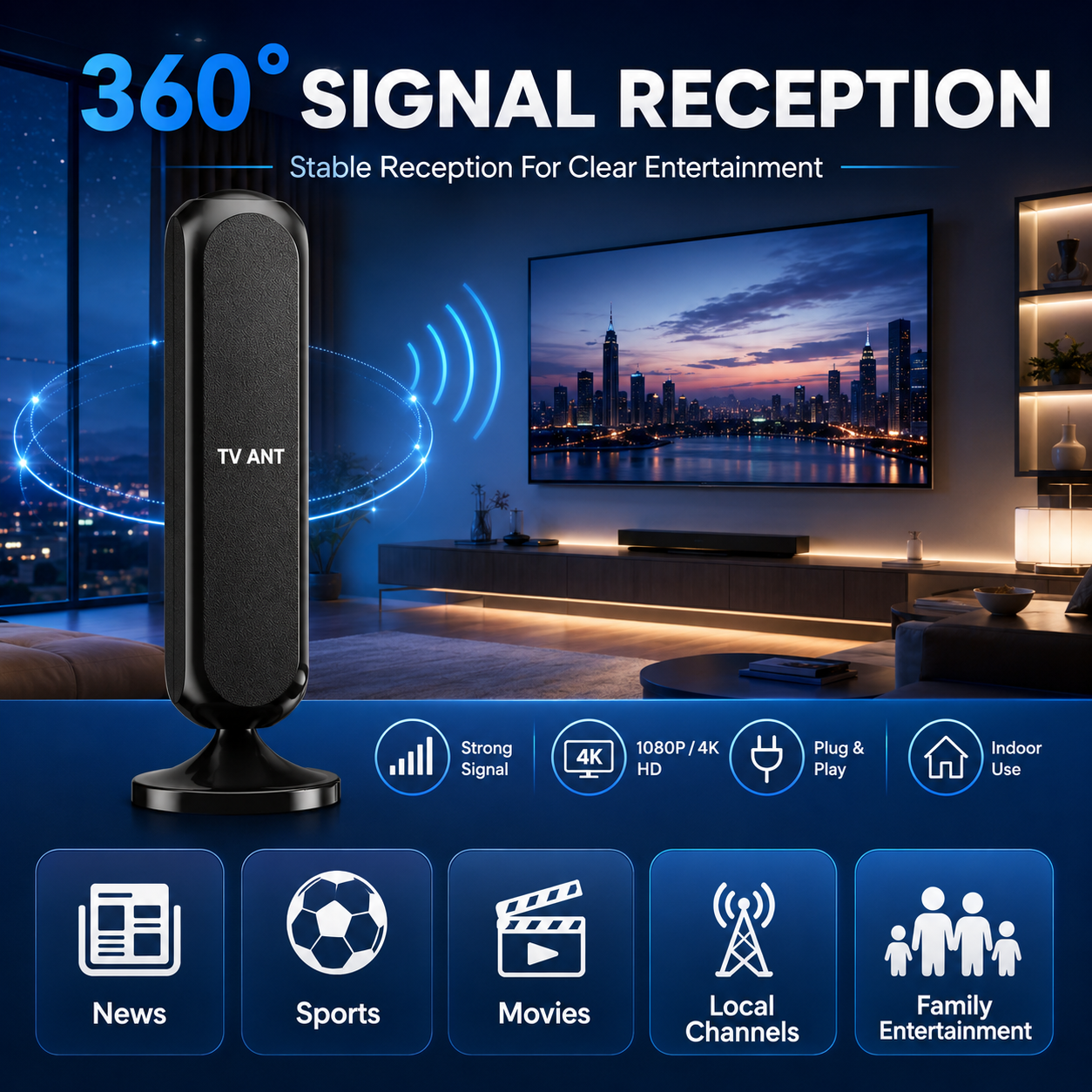 Long Range Amplified 4K Indoor TV Antenna