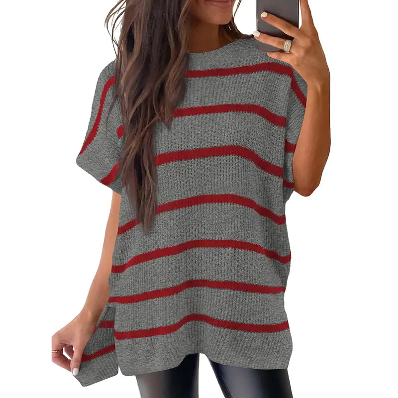 Shewin Women's Oversized Cotton Knit Sweater - Chic Soft New Year Knitwear, Casual Solid Pullover Top with Puff Short Sleeves, Round Neck, Side Slit for Work, Back-to-School,sohochic