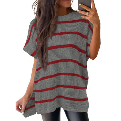 Shewin Women's Oversized Cotton Knit Sweater - Chic Soft New Year Knitwear, Casual Solid Pullover Top with Puff Short Sleeves, Round Neck, Side Slit for Work, Back-to-School,sohochic