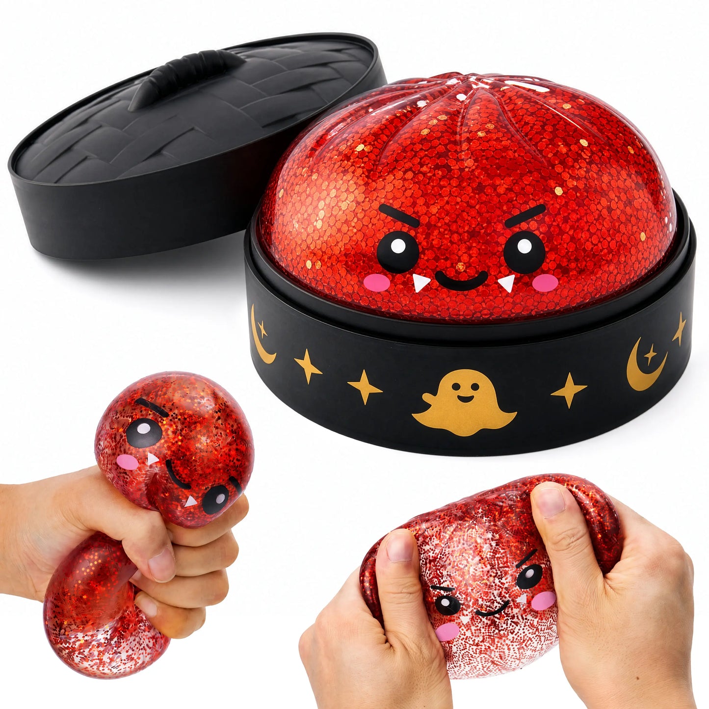 Halloween Dumpling Stress Relief Toys, 1pcs/3pcs/6pcs with Steamer Storage Boxes,Slow‑rebound maltose squishy toys, ideal for Halloween party gifts, featuring grimace pumpkin and little devil designs