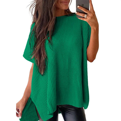 Shewin Women's Oversized Cotton Knit Sweater - Chic Soft New Year Knitwear, Casual Solid Pullover Top with Puff Short Sleeves, Round Neck, Side Slit for Work, Back-to-School,sohochic