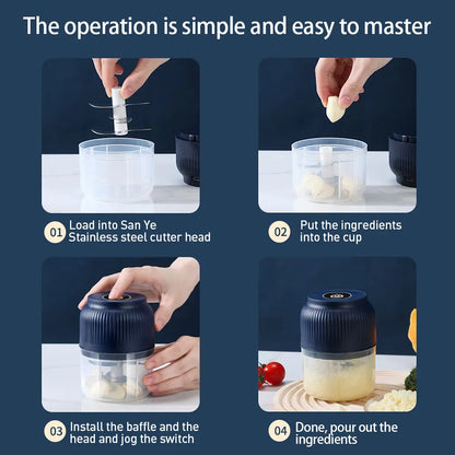 Cordless 300ML Electric Food Chopper With 4 Sharp Blades For Garlic Vegetables And Meat