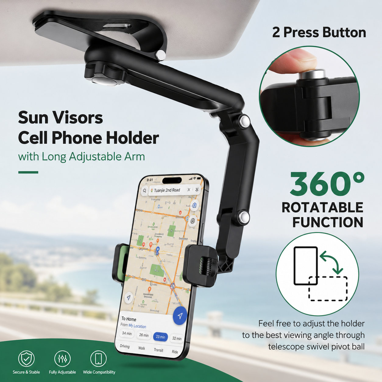 Long Arm 360 Rotating Car Phone Mount with Secure Clamp