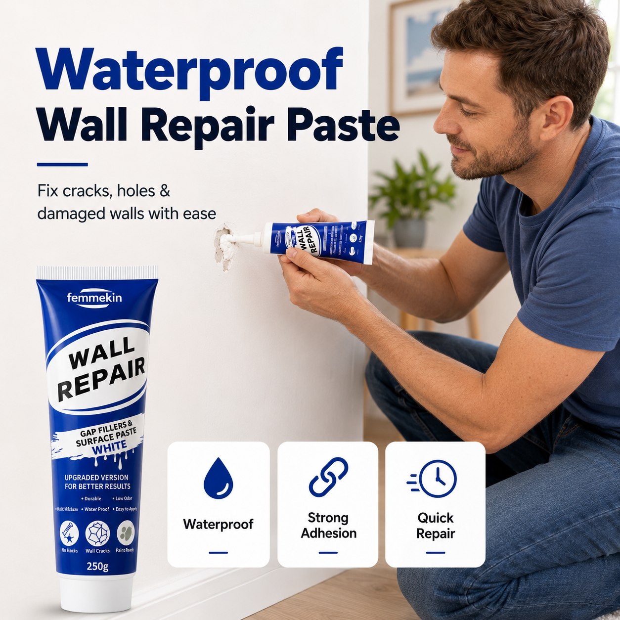 🏠🔧 Waterproof Wall Repair Paste – Fills cracks & chips fast, creates smooth white finish
