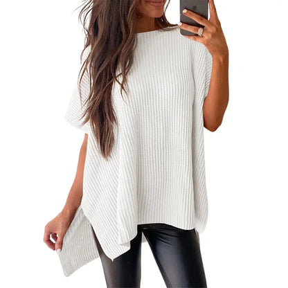 Shewin Women's Oversized Cotton Knit Sweater - Chic Soft New Year Knitwear, Casual Solid Pullover Top with Puff Short Sleeves, Round Neck, Side Slit for Work, Back-to-School,sohochic