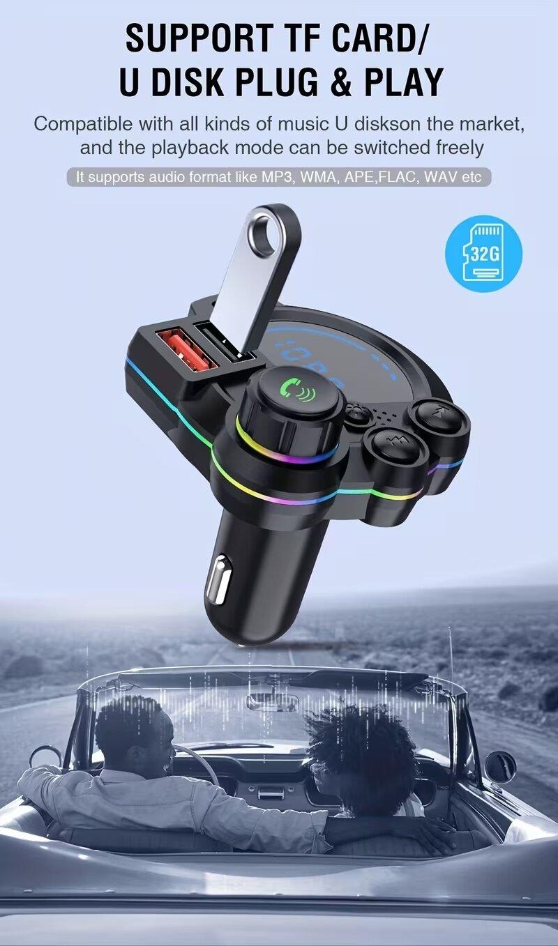 Bluetooth 5.3 Car FM Transmitter with Fast Charging & Hands-Free Calling