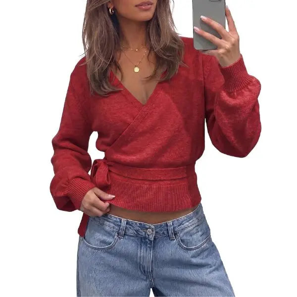 Fisoew Womens V Neck Wrap Cardigan Sweaters Casual Tie Belted Long Lantern Sleeve Slim Fit Knit Crop Pullover Tops SohoChic
