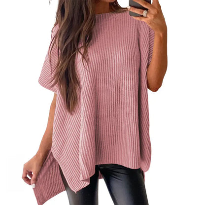 Shewin Women's Oversized Cotton Knit Sweater - Chic Soft New Year Knitwear, Casual Solid Pullover Top with Puff Short Sleeves, Round Neck, Side Slit for Work, Back-to-School,sohochic