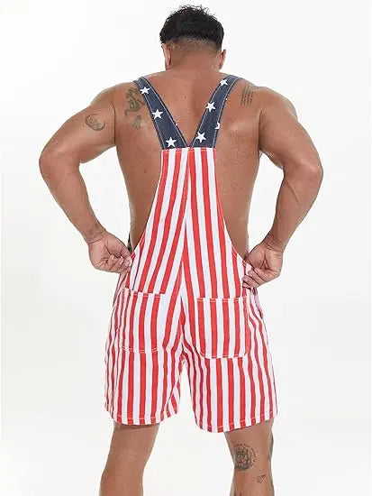 Flag Denim Overalls 4th of July Patriotic Stretch Romper for Men and Women