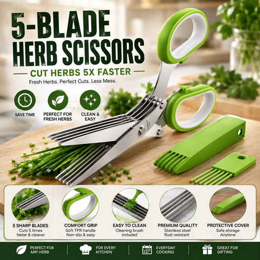 5 Blade Stainless Steel Herb Scissors with Cleaning Brush