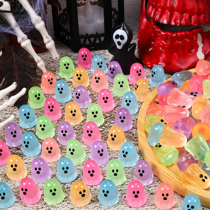 132pcs Halloween Luminous Mini Ghosts Figures 6 Colours Glow in The Dark Miniature Resin Ghost Figurines to Hide Bulk Tiny Small Statue for Halloween Party Favors Micro Garden Dollhouse Decorations