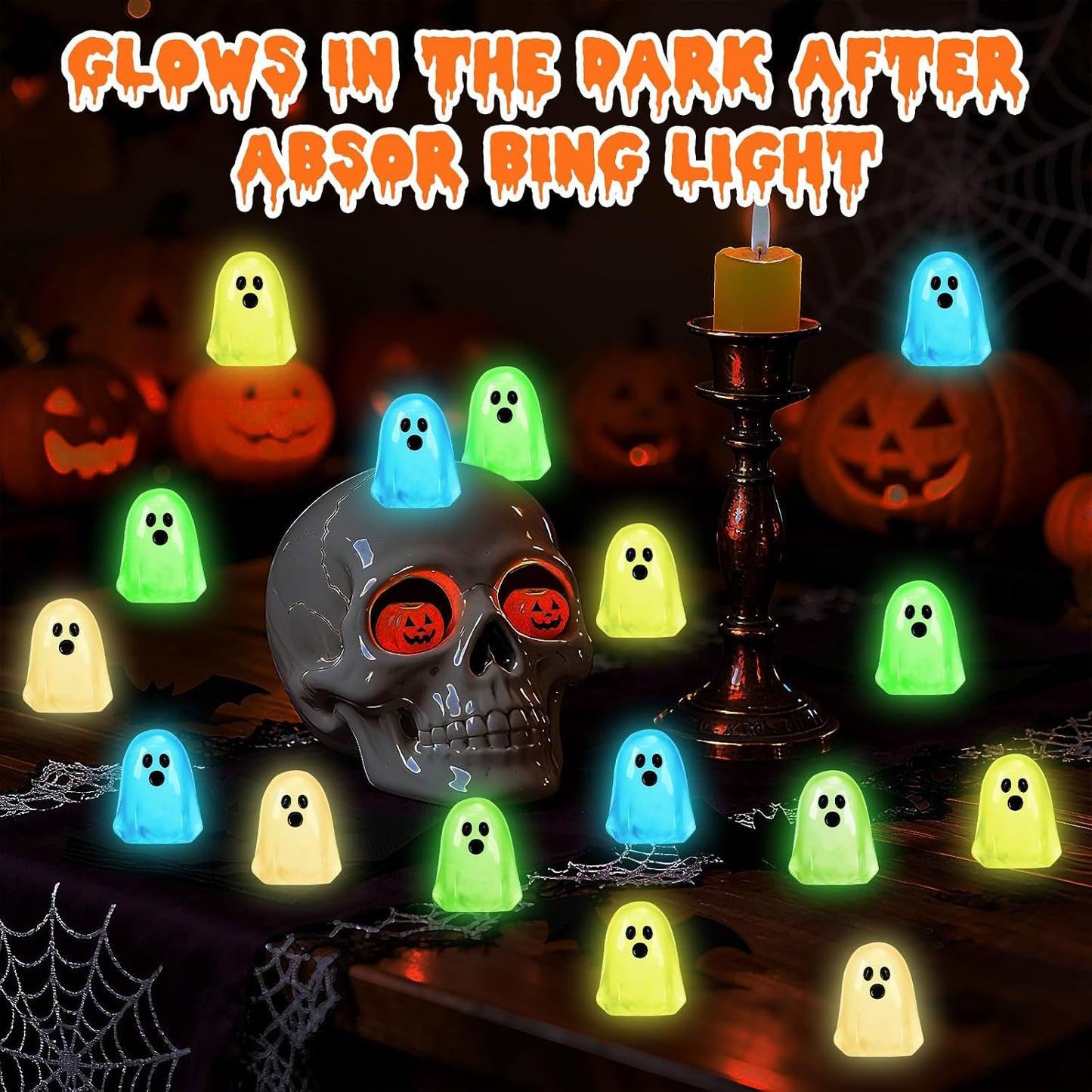 132pcs Halloween Luminous Mini Ghosts Figures 6 Colours Glow in The Dark Miniature Resin Ghost Figurines to Hide Bulk Tiny Small Statue for Halloween Party Favors Micro Garden Dollhouse Decorations