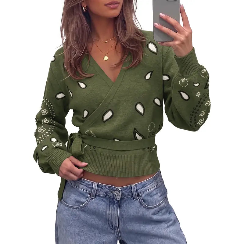 Fisoew Womens V Neck Wrap Cardigan Sweaters Casual Tie Belted Long Lantern Sleeve Slim Fit Knit Crop Pullover Tops SohoChic