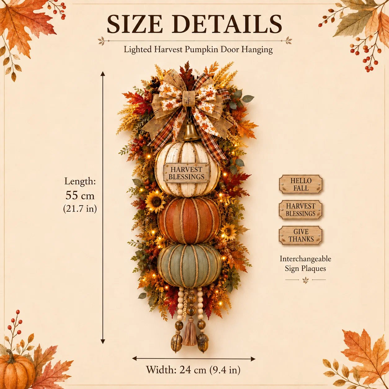 🏡🎃Lighted Stacked Pumpkin Fall Door Decor with 3 Seasonal Plaques