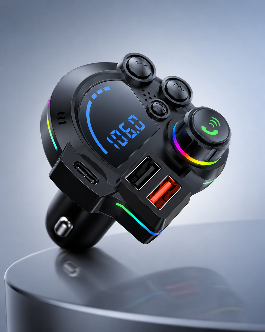 Bluetooth 5.3 Car FM Transmitter with Fast Charging & Hands-Free Calling