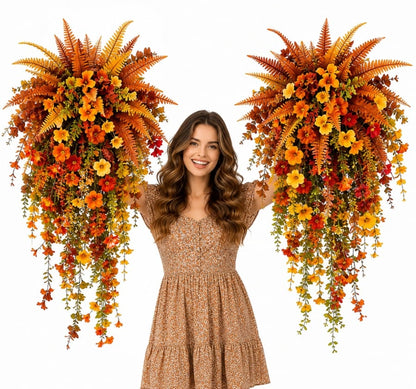 🍂 Artificial Fall Harvest Hanging Basket – Cozy Autumn Porch & Door Decor