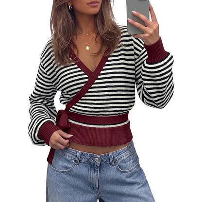 Fisoew Womens V Neck Wrap Cardigan Sweaters Casual Tie Belted Long Lantern Sleeve Slim Fit Knit Crop Pullover Tops SohoChic