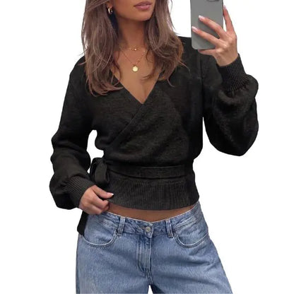 Fisoew Womens V Neck Wrap Cardigan Sweaters Casual Tie Belted Long Lantern Sleeve Slim Fit Knit Crop Pullover Tops SohoChic