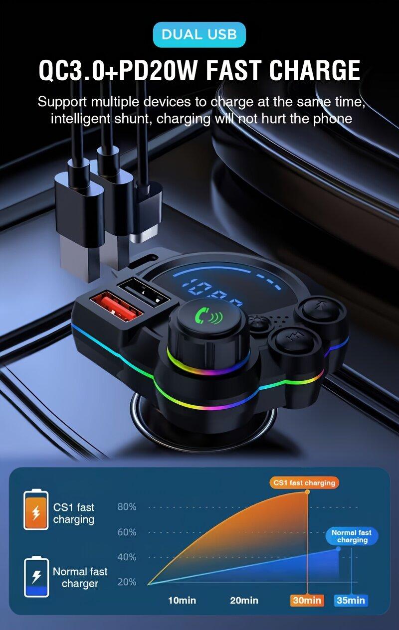 Bluetooth 5.3 Car FM Transmitter with Fast Charging & Hands-Free Calling