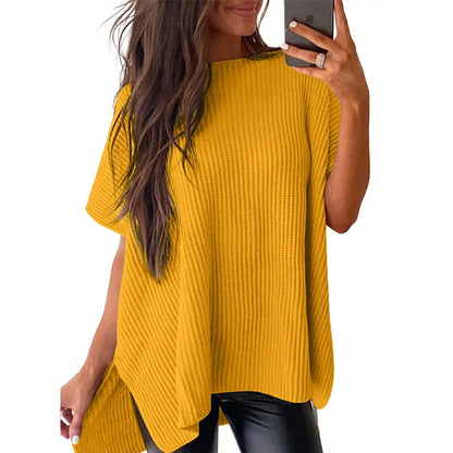 Shewin Women's Oversized Cotton Knit Sweater - Chic Soft New Year Knitwear, Casual Solid Pullover Top with Puff Short Sleeves, Round Neck, Side Slit for Work, Back-to-School,sohochic