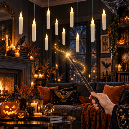 Magical Floating Candles with Wand - Flickering Taper Flameless Hanging Candles for Christmas, Halloween, Birthday Parties, Home Decor, and Gifts