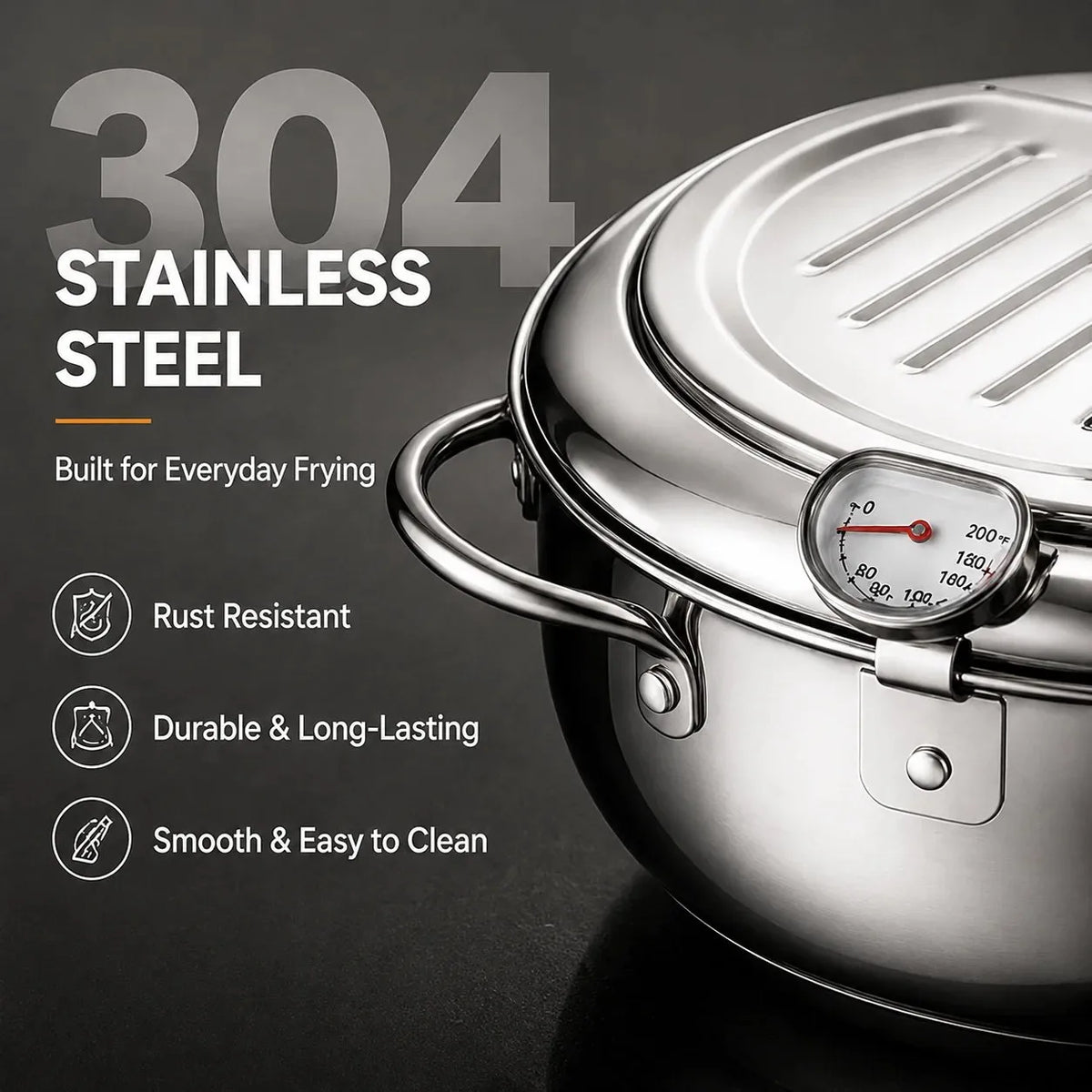 🍗 Free Shopping 🏆 304 Stainless Steel Stovetop Deep Fryer Pot – With Thermometer 🍟