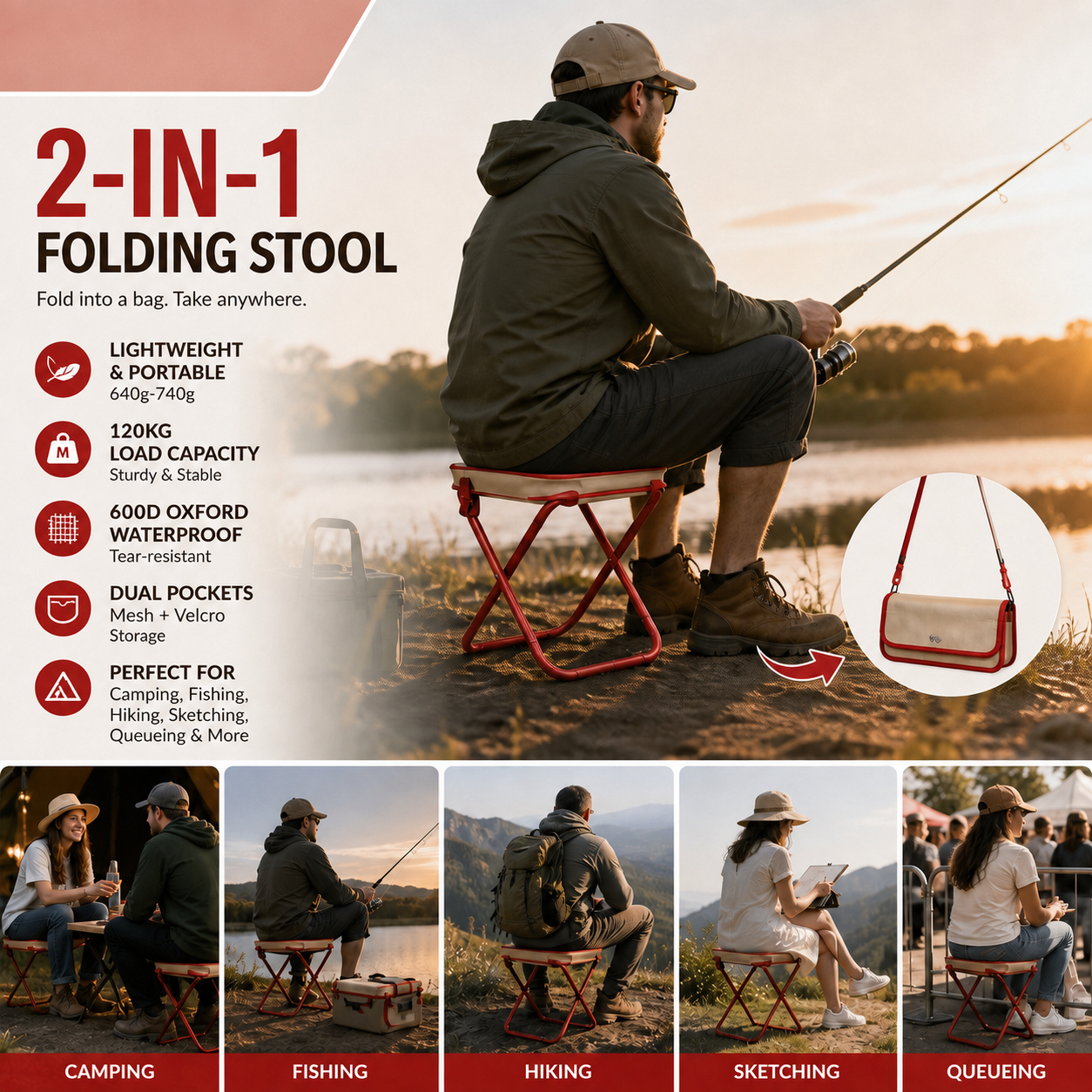 2 in 1 Portable Folding Outdoor Chair & Carry Bag