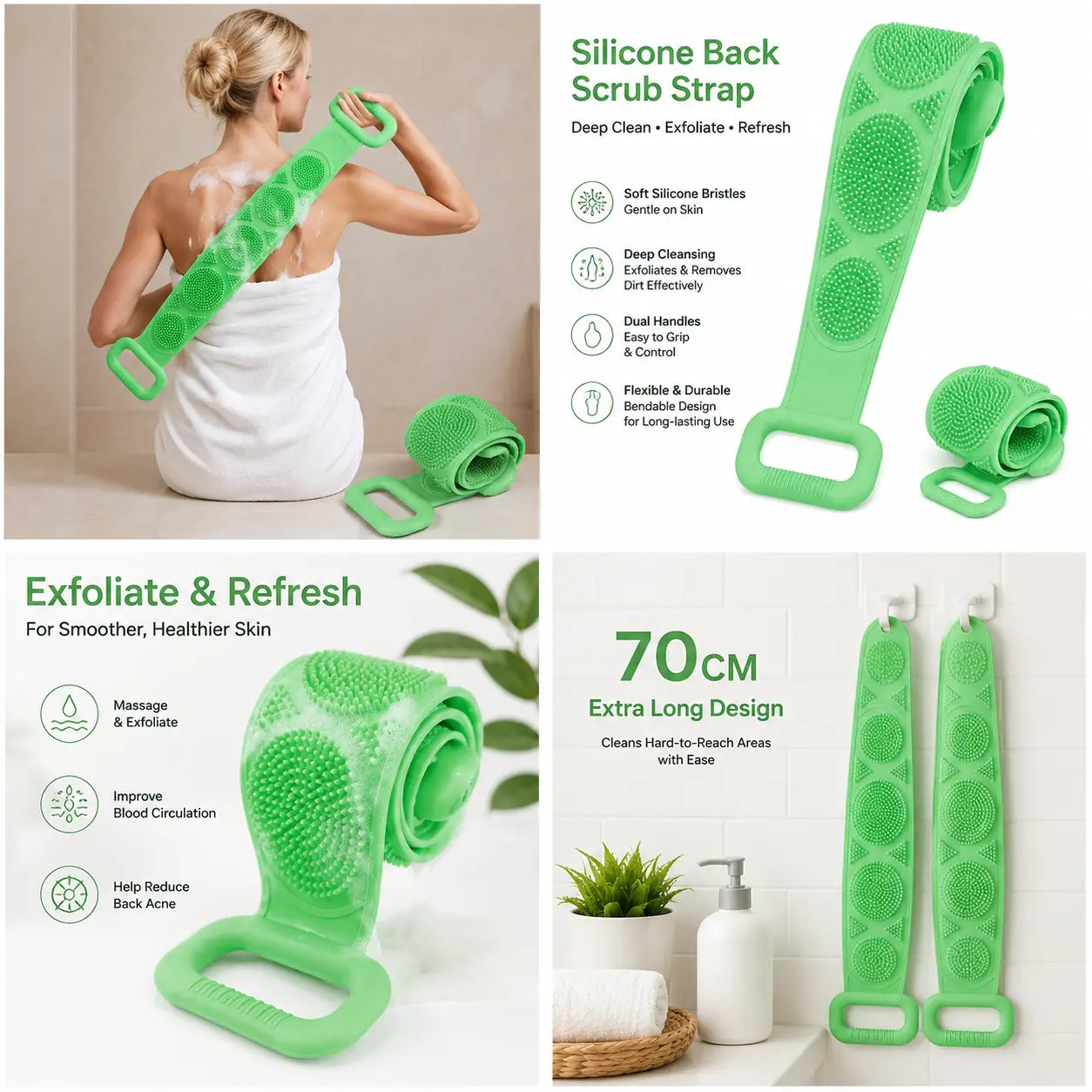 Double Sided Silicone Back Scrubber with Long Handles