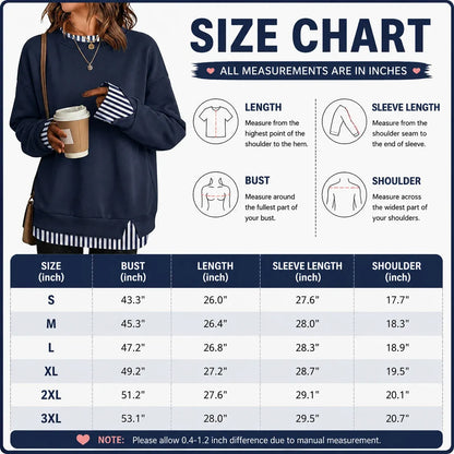 Women Crew Neck Fake Two Piece Striped Patchwork Drop Shoulder Oversized Sweatshirt