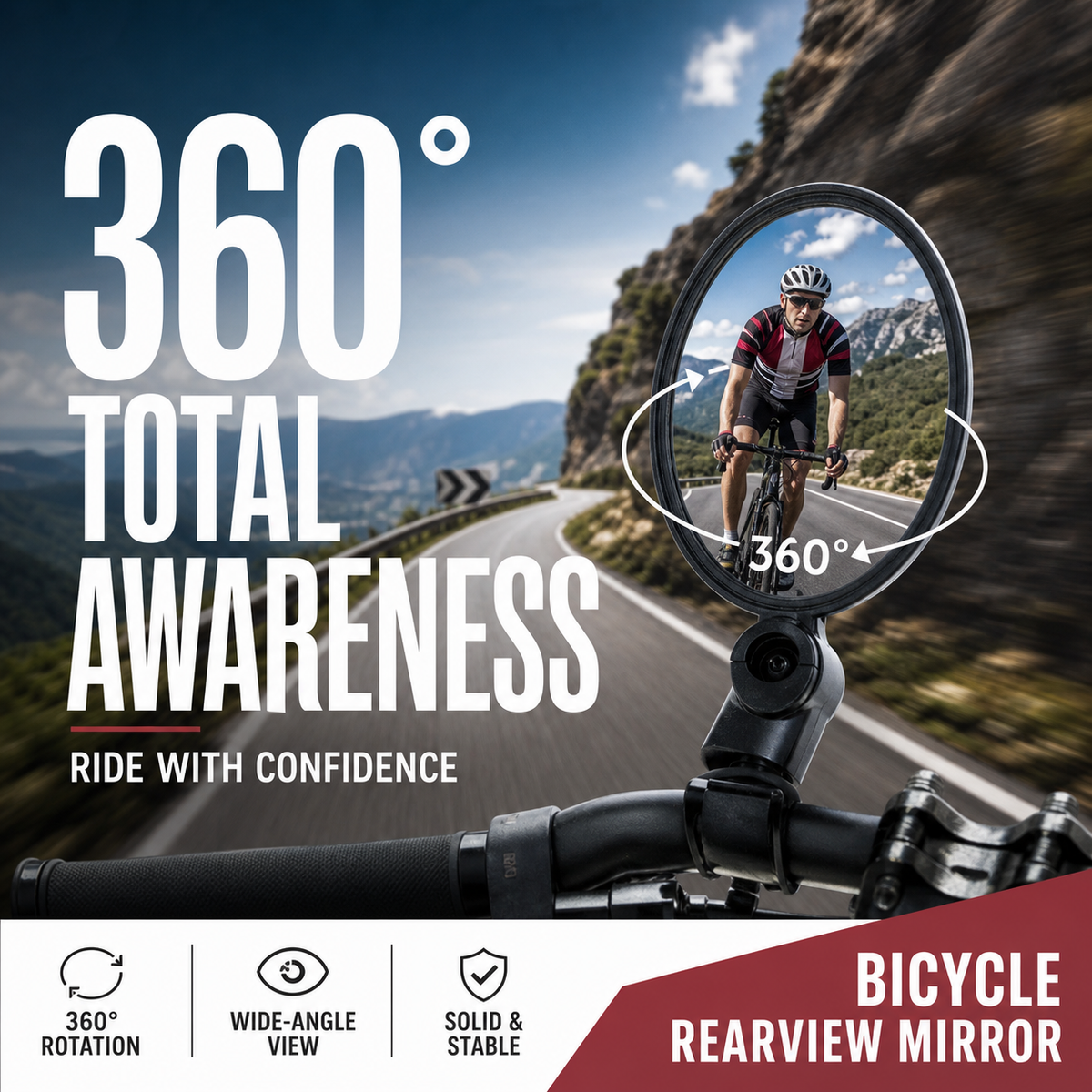 🥳2026 HOT SALE🥳💞50K+ SOLD!🚲🔍 50% OFF! 360° Rotating Rearview Mirror – Clear view behind, no more neck twisting. Fits bikes, e‑bikes & motorcycles. Tool‑free silicone strap! 🛡️✨